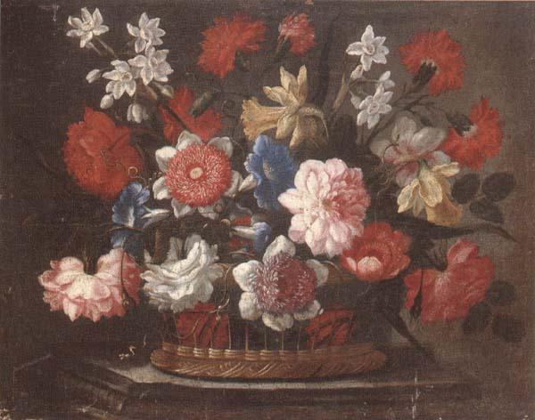 unknow artist Still life of various flowers in a wicker basket,upon a stone ledge oil painting image
